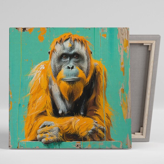 Orangutan Art Or Poster Animal Contemporary Eclectic Decor Living Room Office Children Game Room Wall Art Orange Teal Brown Black