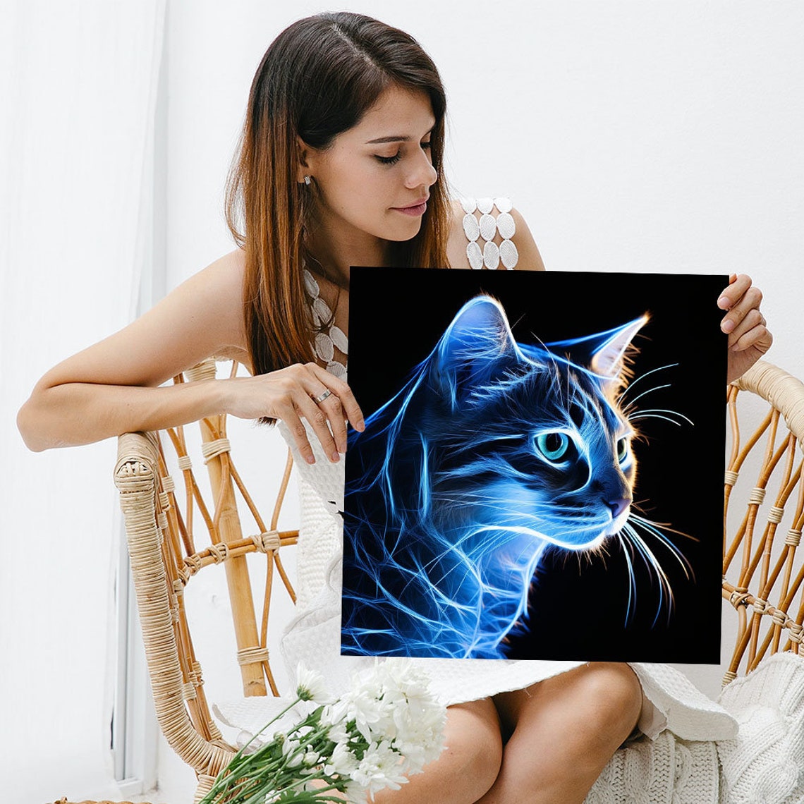 Neon Blue Fractal Cat Profile Black Background Modern Animal Poster - Image 3