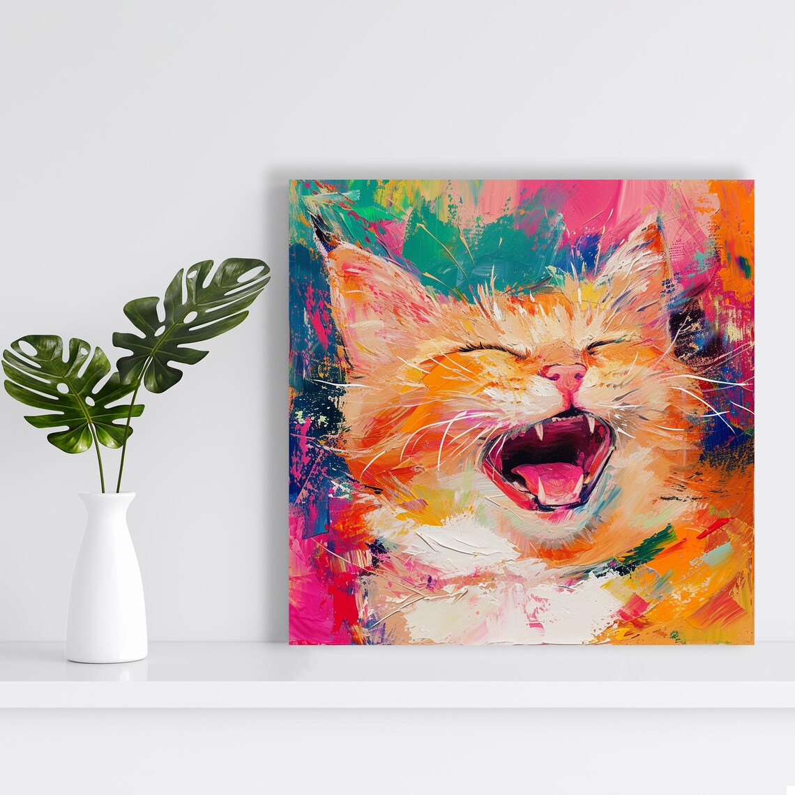 Yawning Cat Expressive Colorful Abstract Painting Joyful Feline Art Poster - Image 2