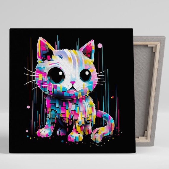 Neon Pixel Kitten Pop Art Poster, Contemporary Decor