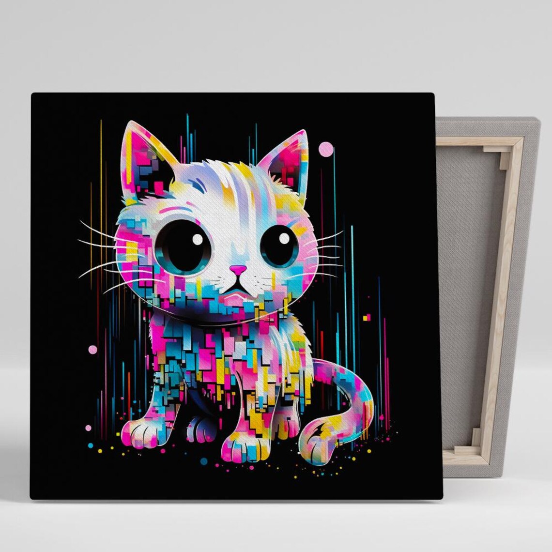 Neon Pixel Kitten Pop Art Poster, Contemporary Decor