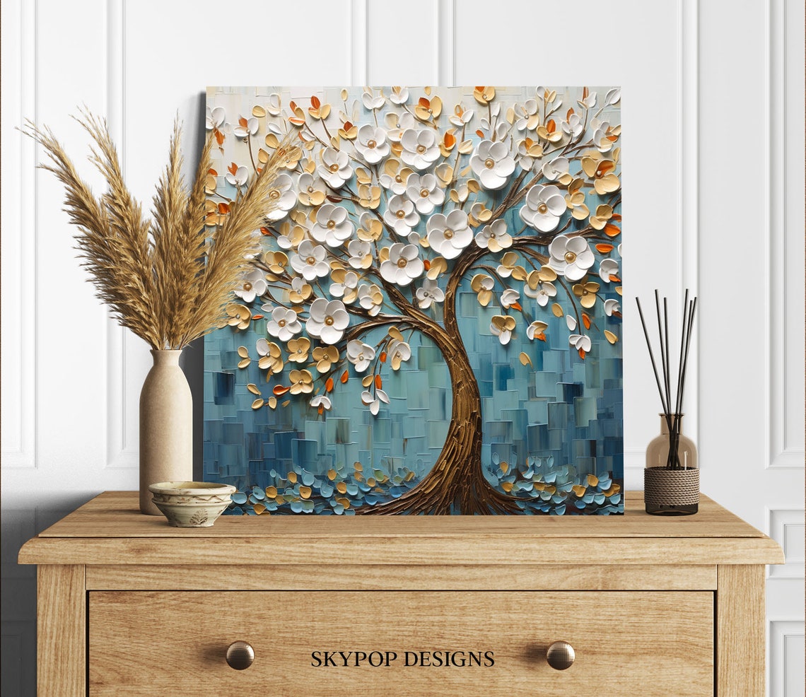 White Blossom Tree Of Life Gold Blue Impasto Textured Art Poster - Image 2