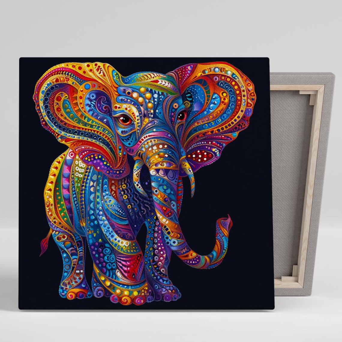 Kaleidoscopic Elephant Psychedelic Rainbow Patterns Black Background Print
