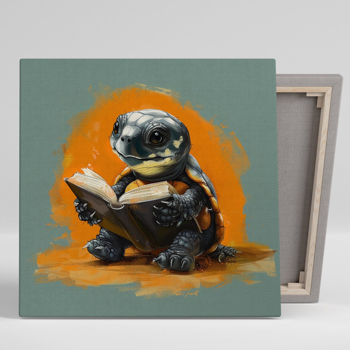 Cute Turtle Bookworm Reading Whimsical Library Animal Wall Art Poster