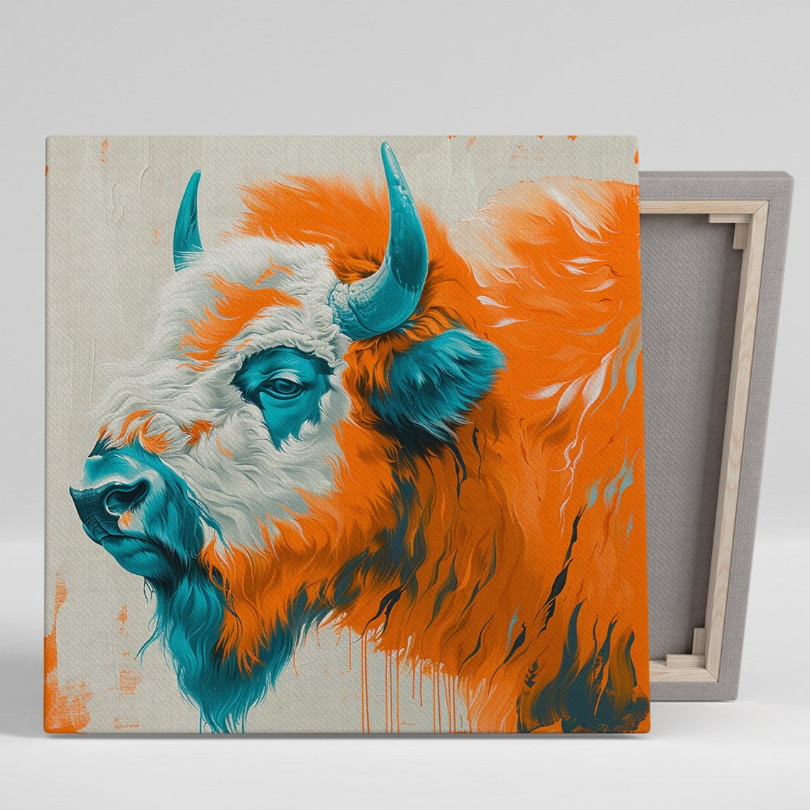 Bison Portrait Orange Teal White Modern Painterly Wildlife Poster