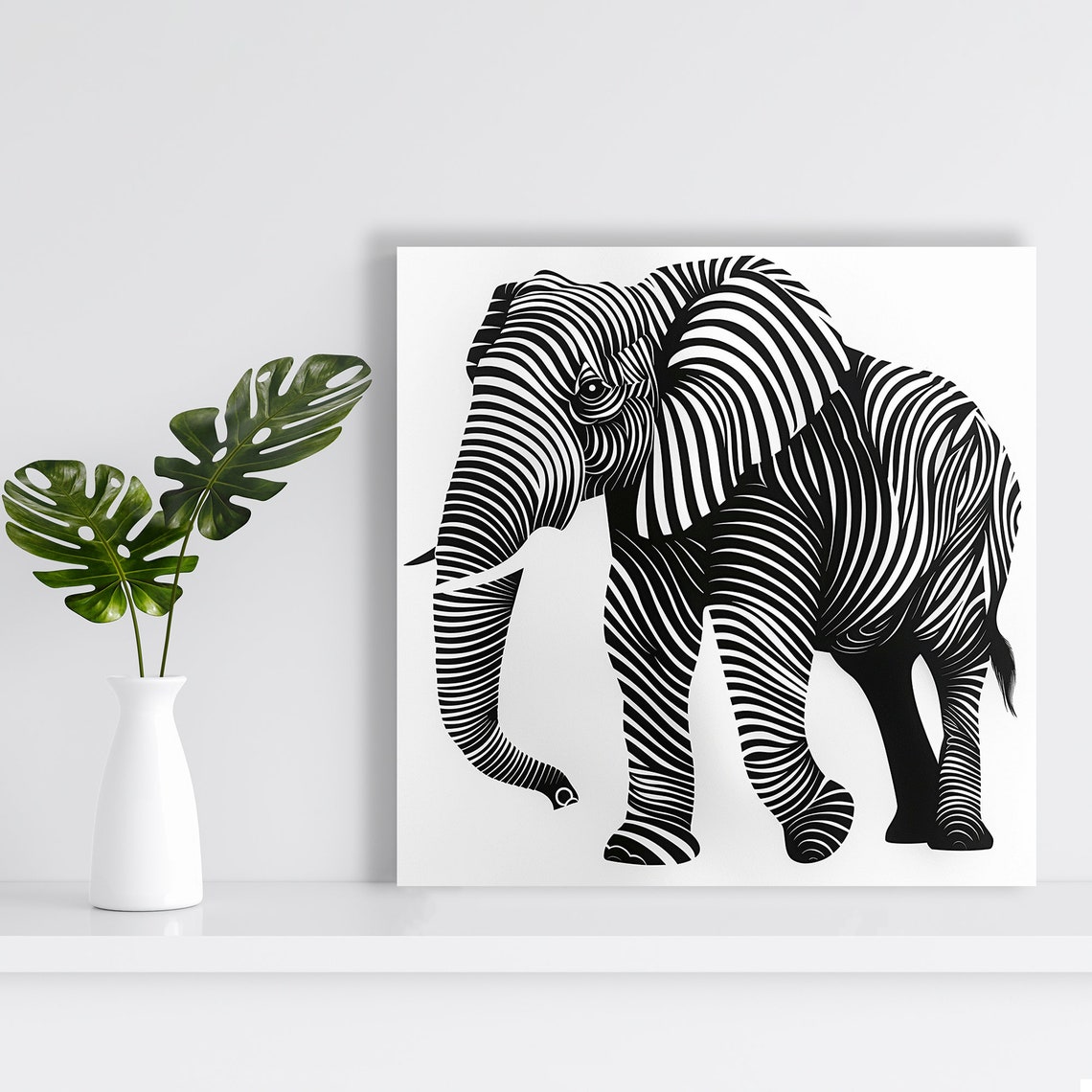 Elephant Striped Line Illusion Black White Minimalist Art Poster - Image 2