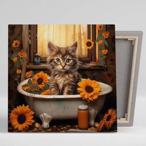 Fluffy Kitten in Vintage Bathtub with Sunflowers Rustic Farmhouse Poster