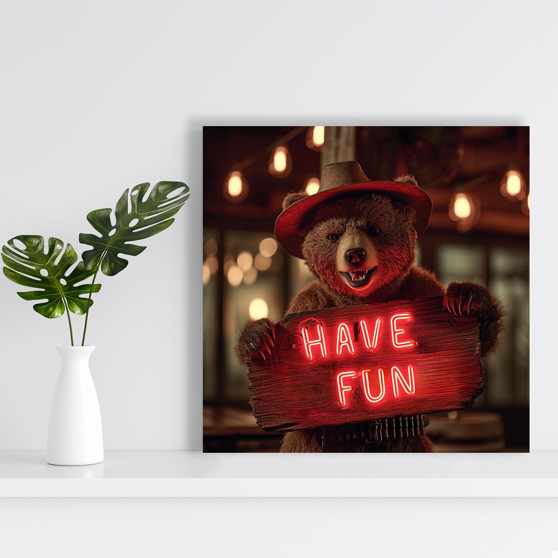 Neon Have Fun Sign Smiling Cowboy Bear Bar Room Funny Animal Poster - Image 2