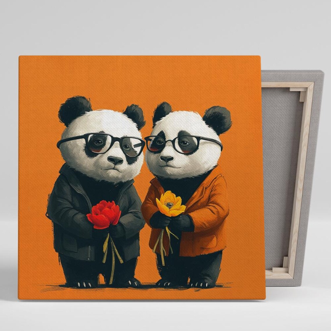 Hipster Panda Duo In Glasses Holding Flowers Warm Orange Art Poster