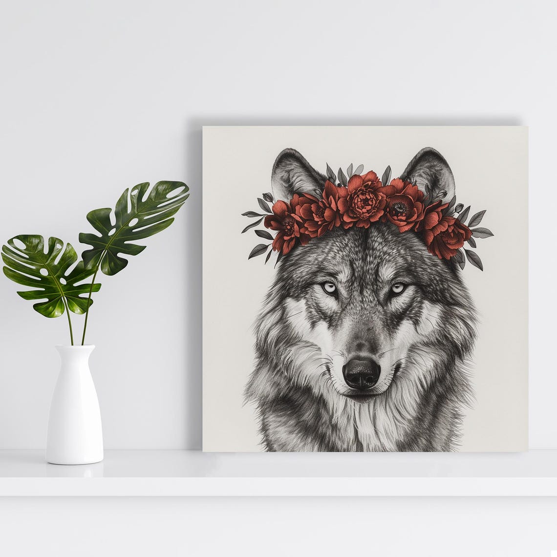 Wolf With Red Floral Crown Sketch Style Bohemian Nature Art Poster - Image 2