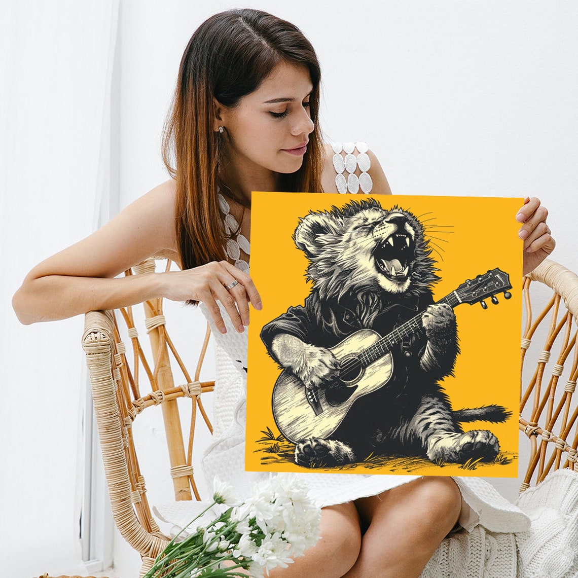 Roaring Rock Lion Playing Guitar Vintage Engraving Cool Music Poster - Image 3