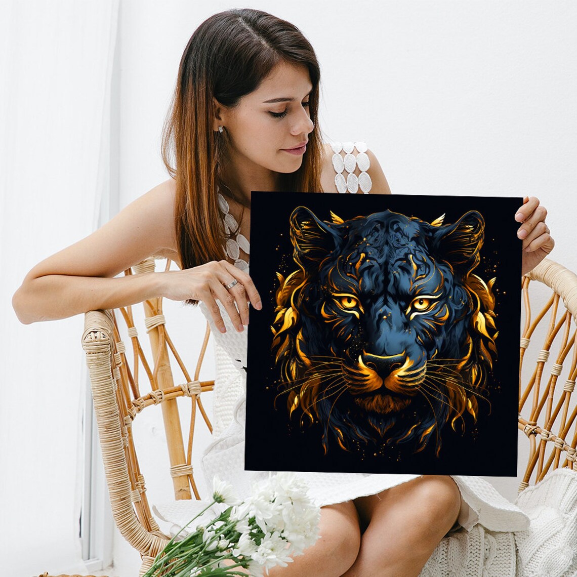 Black And Gold Panther Face Poster Neon Digital Art Dramatic Big Cat Print - Image 3