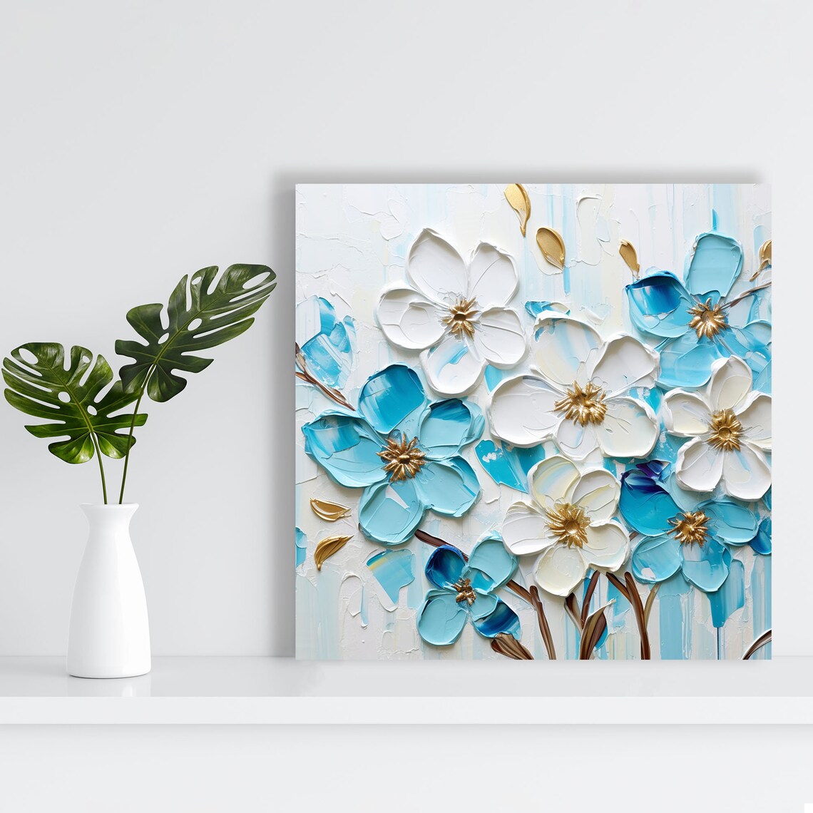 White And Blue Flower Art Print, Golden Blooms - Image 3