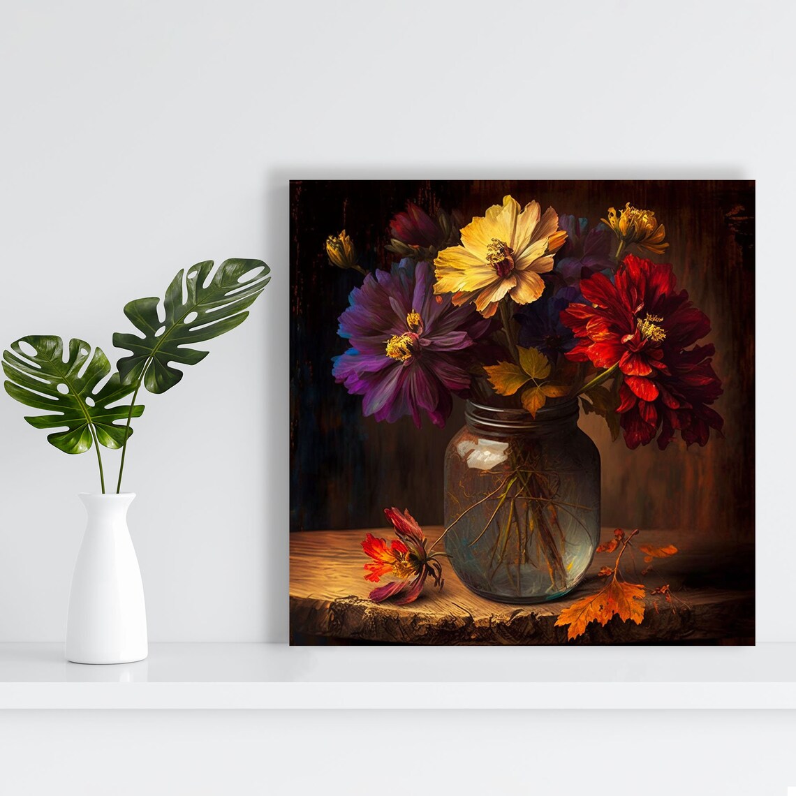 Autumn Flowers In Glass Mason Jar Moody Fall Floral Still Life Poster - Image 3