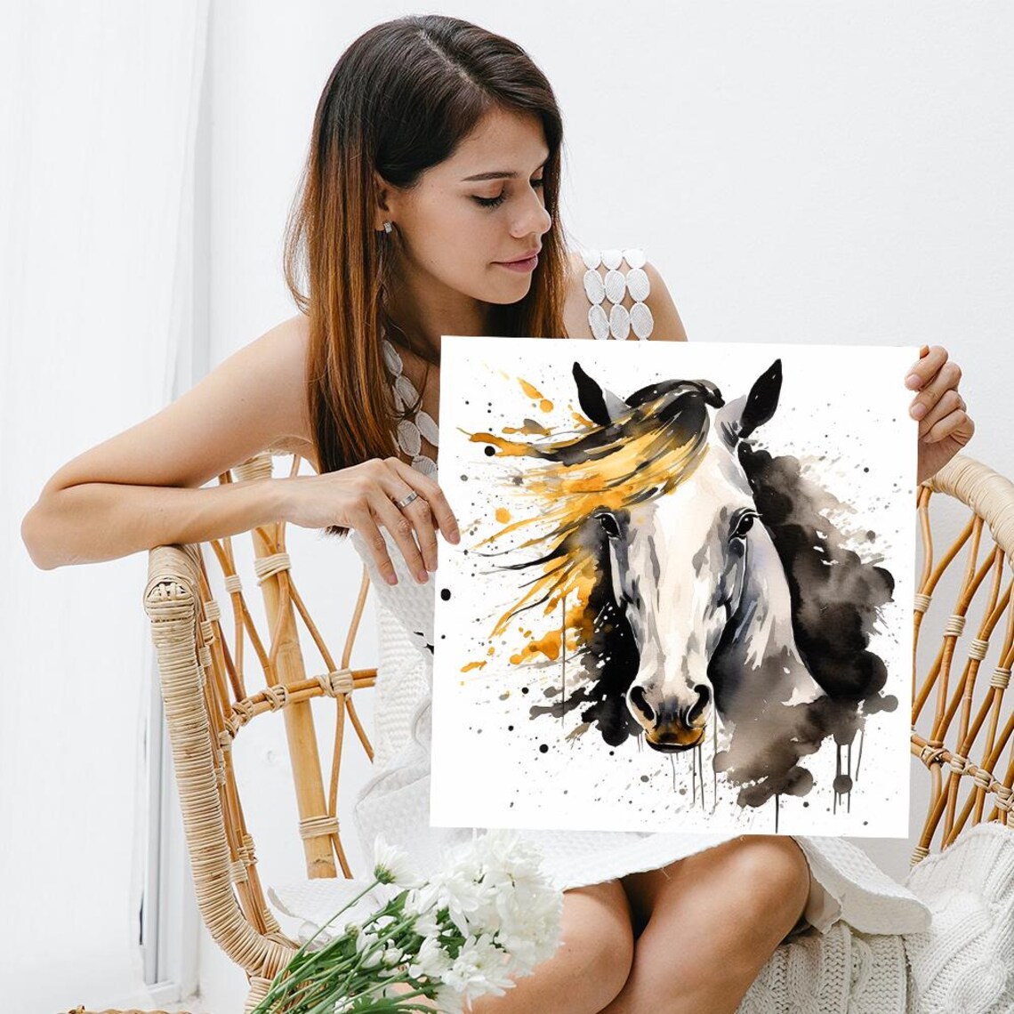 White Horse Head Watercolor Portrait With Golden Splash Accents Poster - Image 3