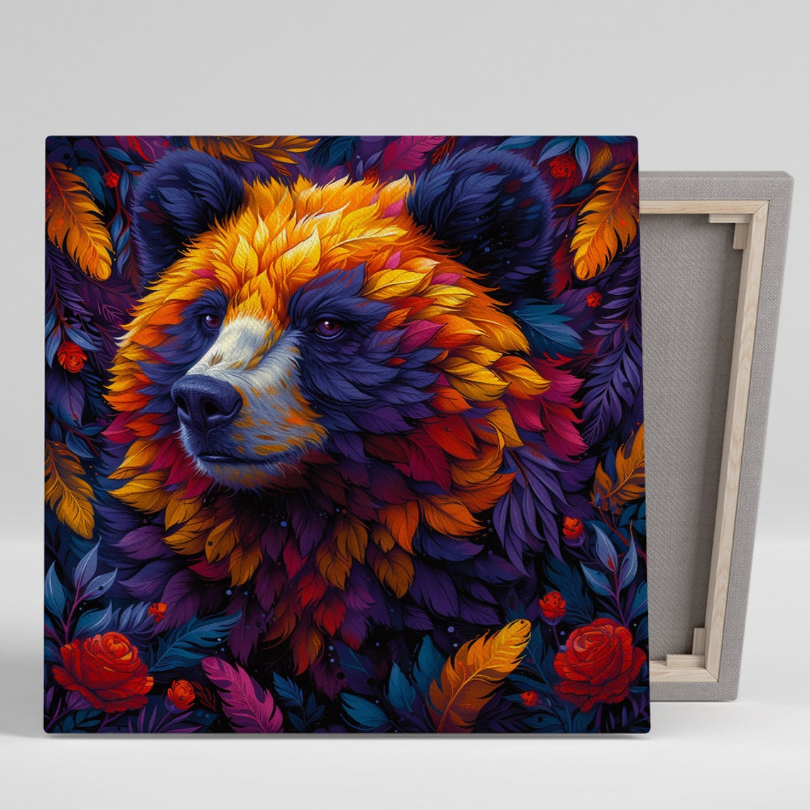 Bear Mosaic Colorful Feathers Floral Vibrant Bohemian Wall Art