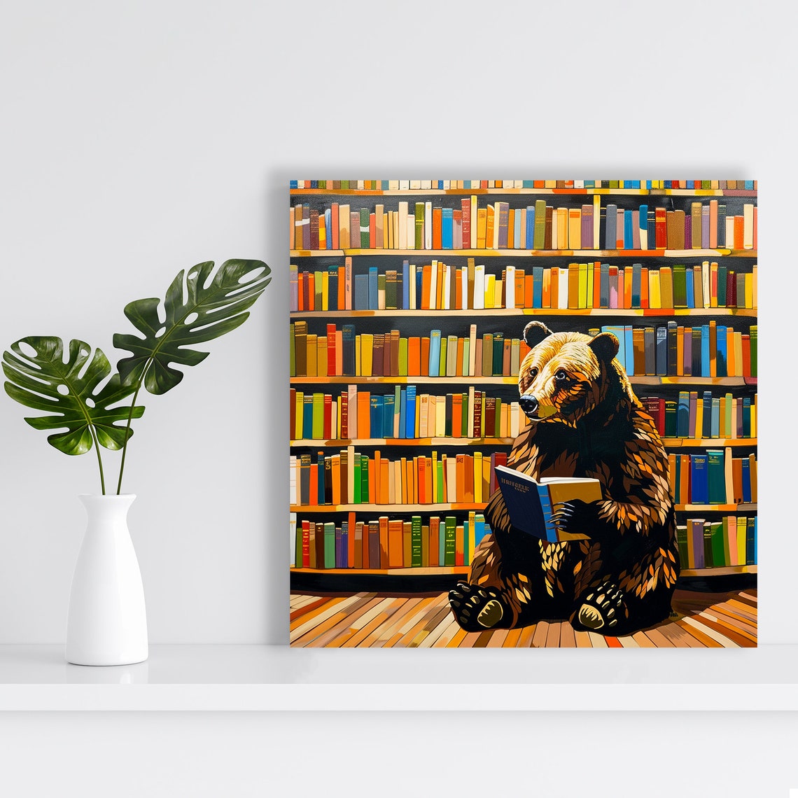 Bear Reading Book Library Colorful Bookshelves Whimsical Cute Poster - Image 2