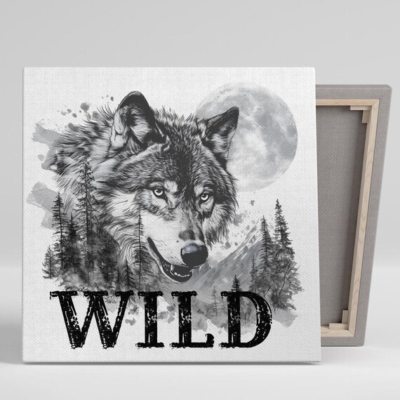 Majestic Wolf Head Full Moon Mountains Wild Lettering Black White Art Print