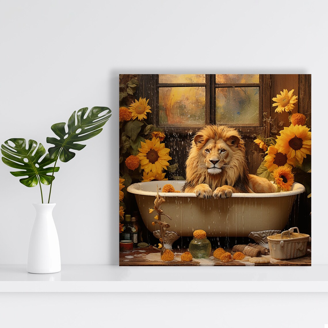 Whimsical Lion in Vintage Bathtub Among Golden Sunflowers Poster - Image 2