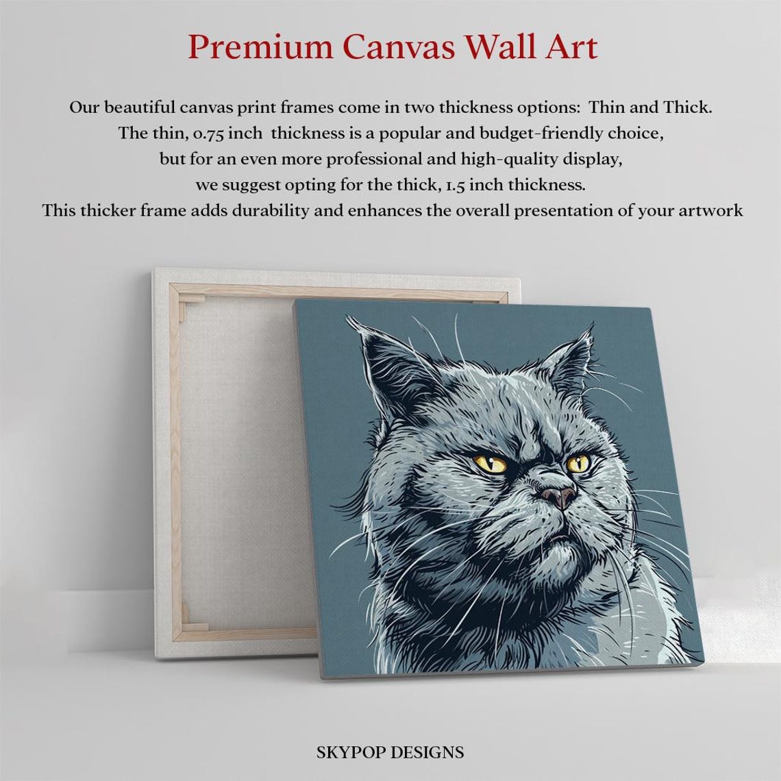 Grumpy Grey Cat Portrait Piercing Yellow Eyes Blue Grey Ink Art Poster - Image 3