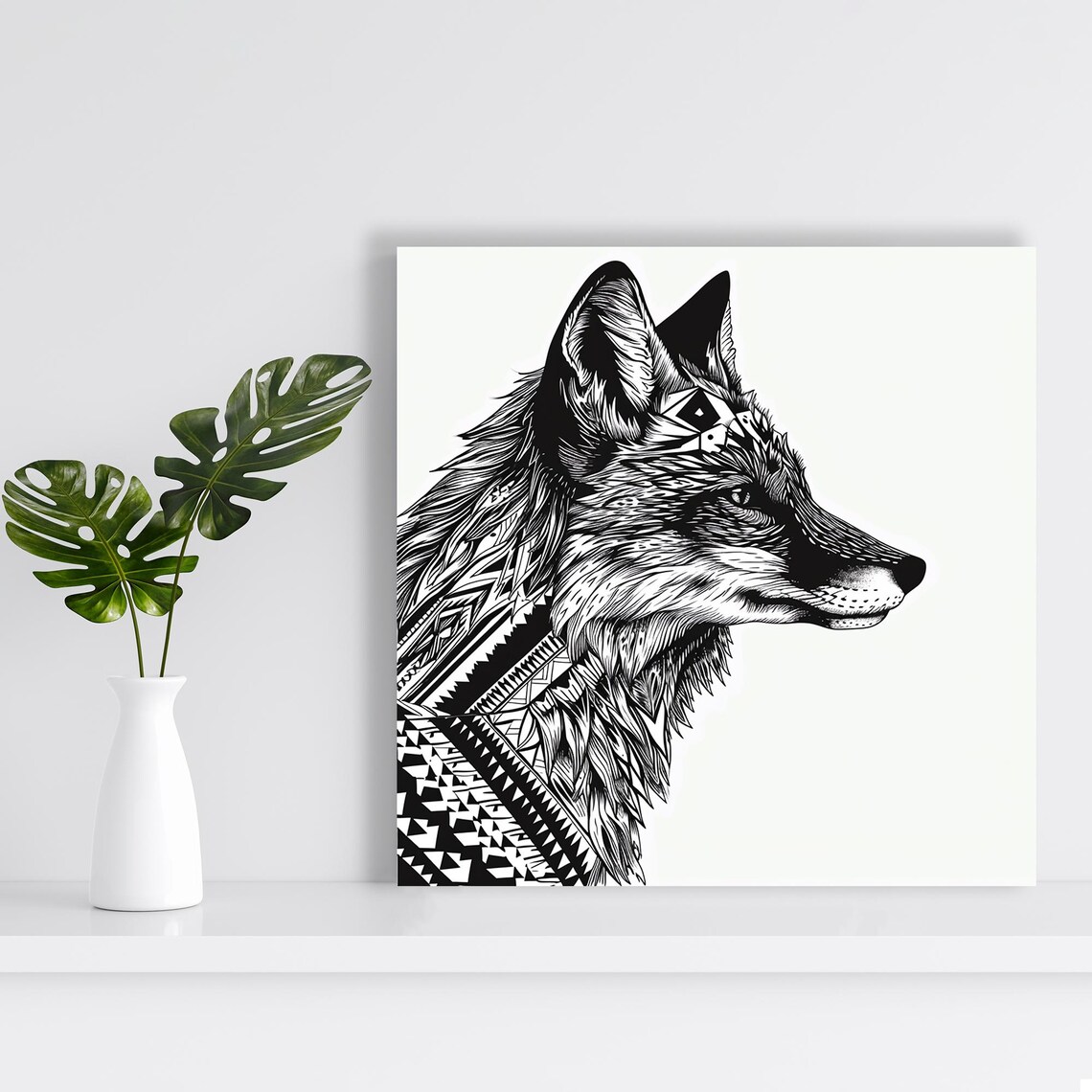 Wolf Head Profile Tribal Line Art Black and White Intricate Wall Art Poster - Image 2