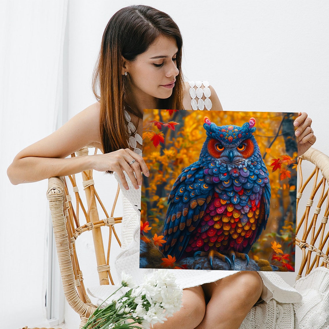 Enchanted Autumn Owl Poster Mosaic Feather Art Fantasy Bird Wall Print - Image 3