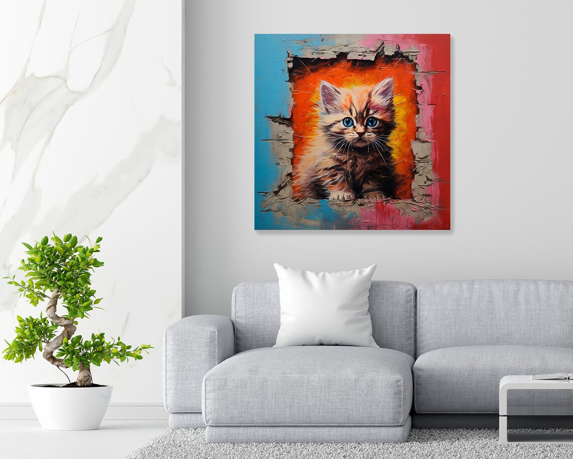 Fluffy Kitten With Blue Eyes Peeking Through Torn Paper Frame Art Poster - Image 2