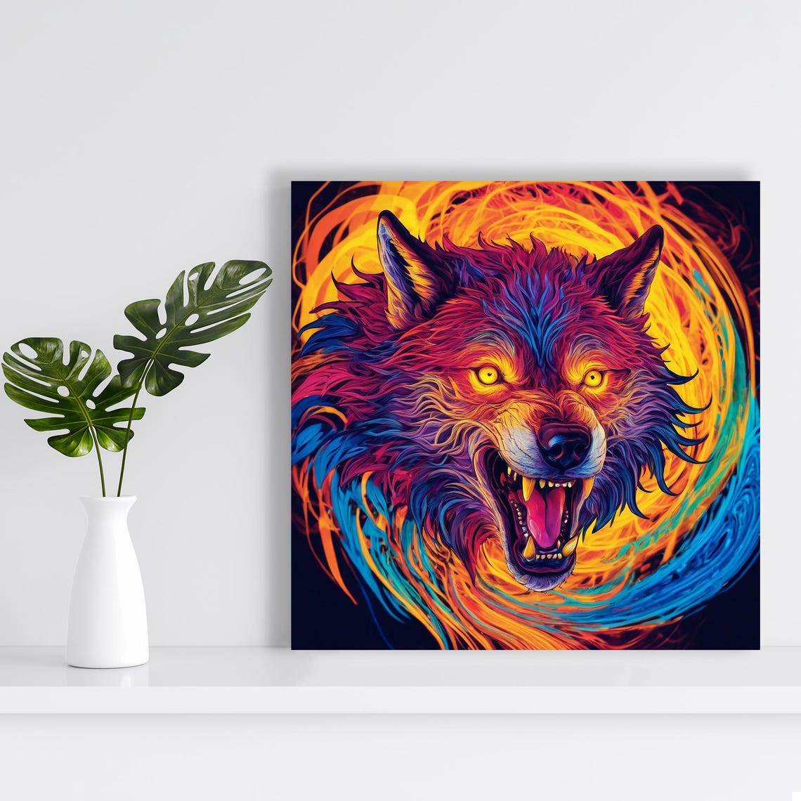 Fierce Snarling Wolf Head Neon Rainbow Flame Swirl Animal Art Poster - Image 2