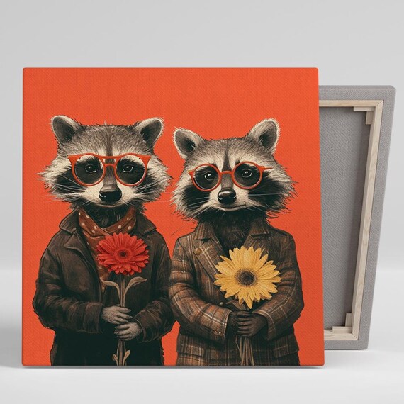 Hipster Raccoon Duo Red Glasses Flowers Jackets Fun Portrait Wall Art Print
