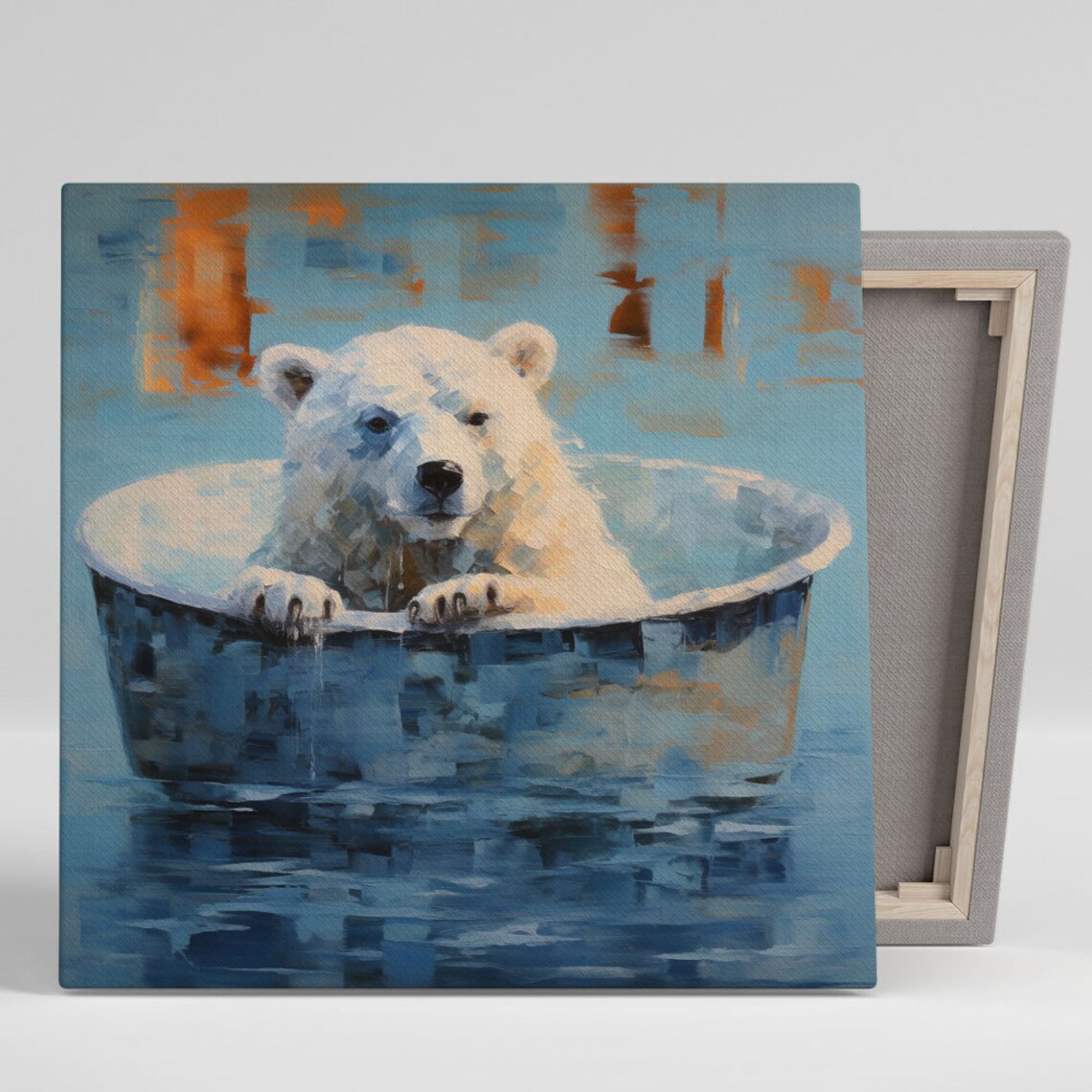 Polar Bear In Metal Washtub Painterly Blue Cute Wildlife Art Poster