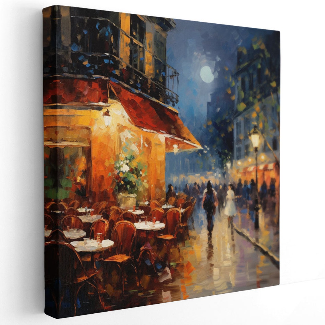Moonlit European Cafe Street Night Red Awning Impressionist Art Poster - Image 2