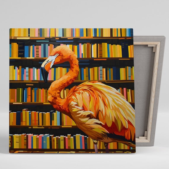 Literary Flamingo Art Or Poster Contemporary Eclectic Decor Library Office Living Room Bedroom Wall Art Orange Blue Multicolor