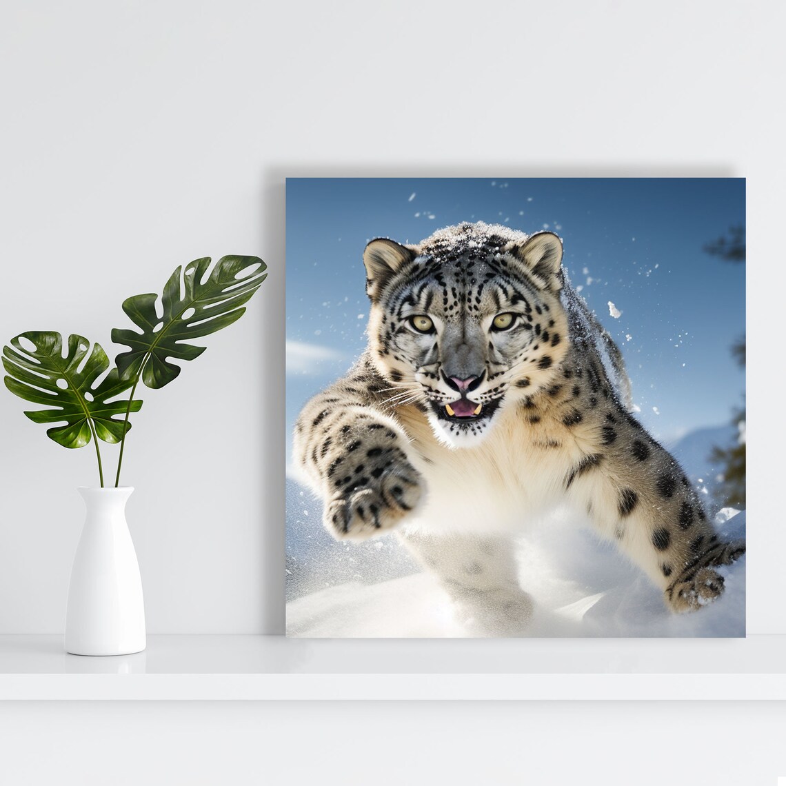 Snow Leopard Leaping Through Snow Action Wildlife Photography Art Poster - Image 2