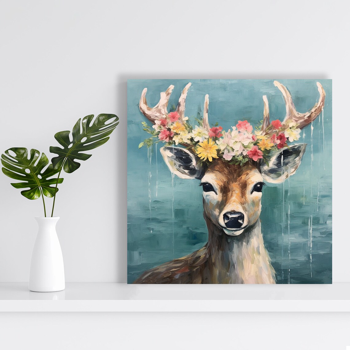 Floral Crown Deer Portrait Pink Yellow Wildflower Headpiece Nature Wall Poster - Image 2