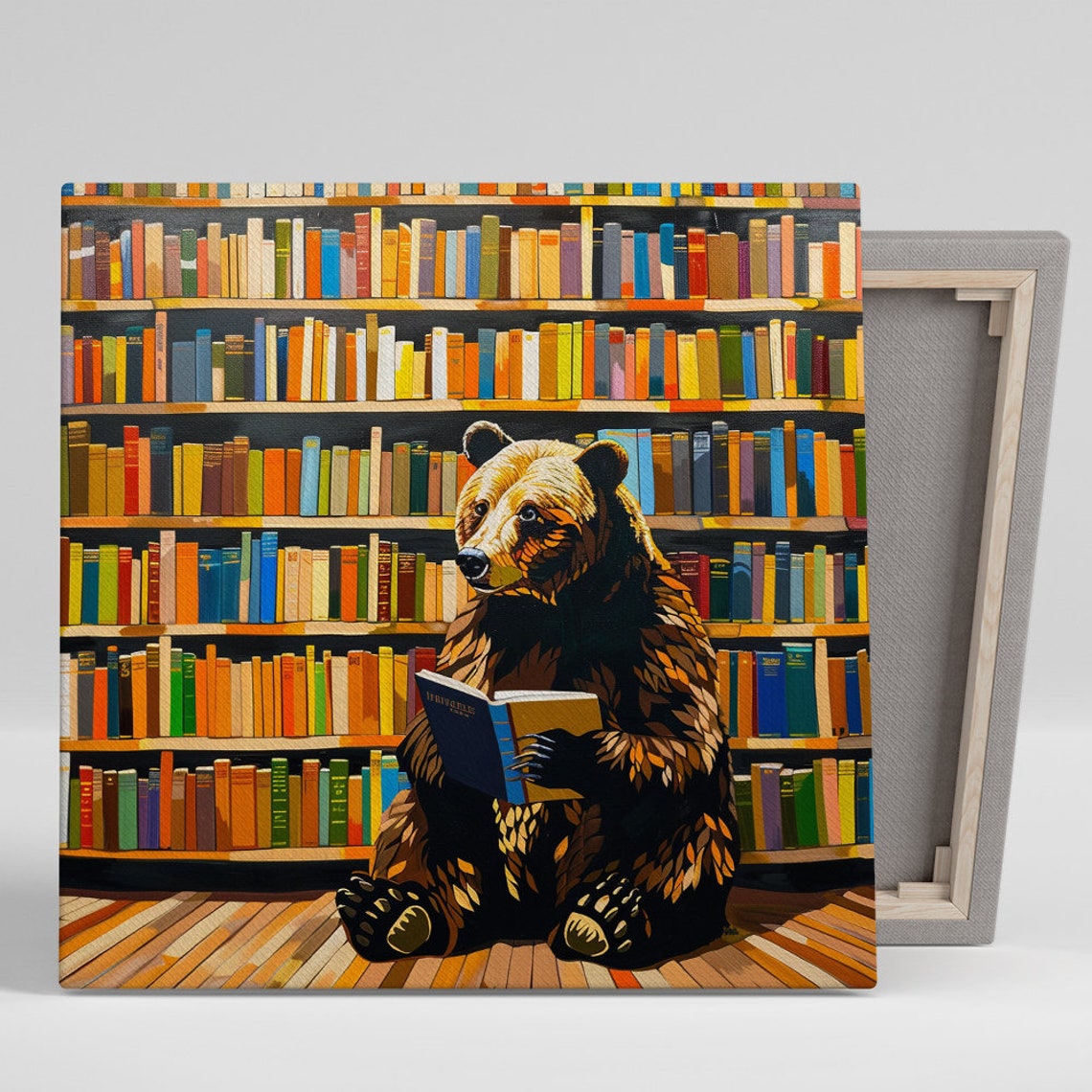 Bear Reading Book Library Colorful Bookshelves Whimsical Cute Poster