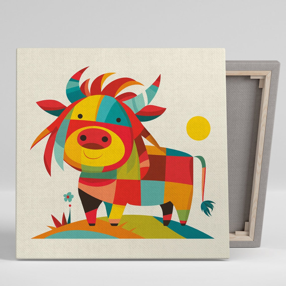Colorful Patchwork Cow Geometric Whimsical Farm Animal Wall Poster