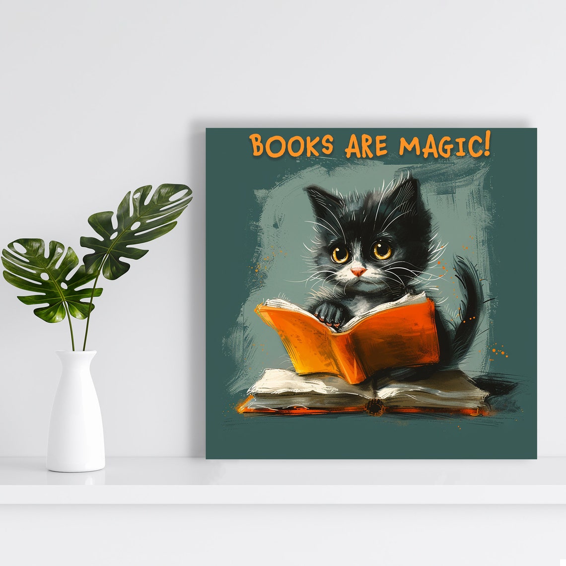 Books Are Magic Black Kitten Reading Orange Book Nursery Poster - Image 2
