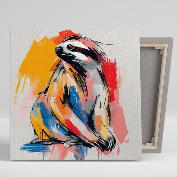 Colorful Abstract Sloth Sitting Brushstroke Modern Animal Wall Art Poster