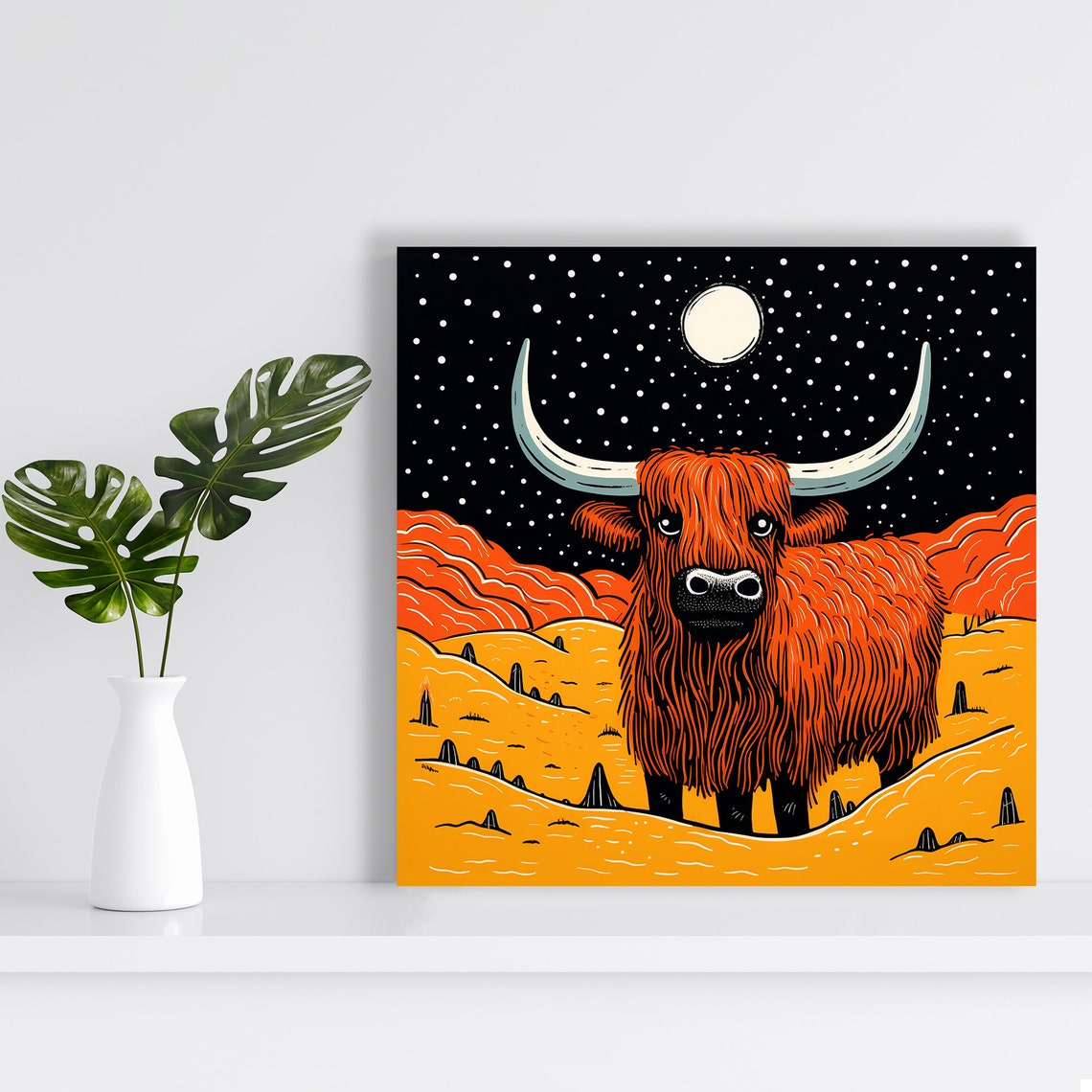 Highland Cow Under Starry Moonlit Night Folk Art Style Poster - Image 2