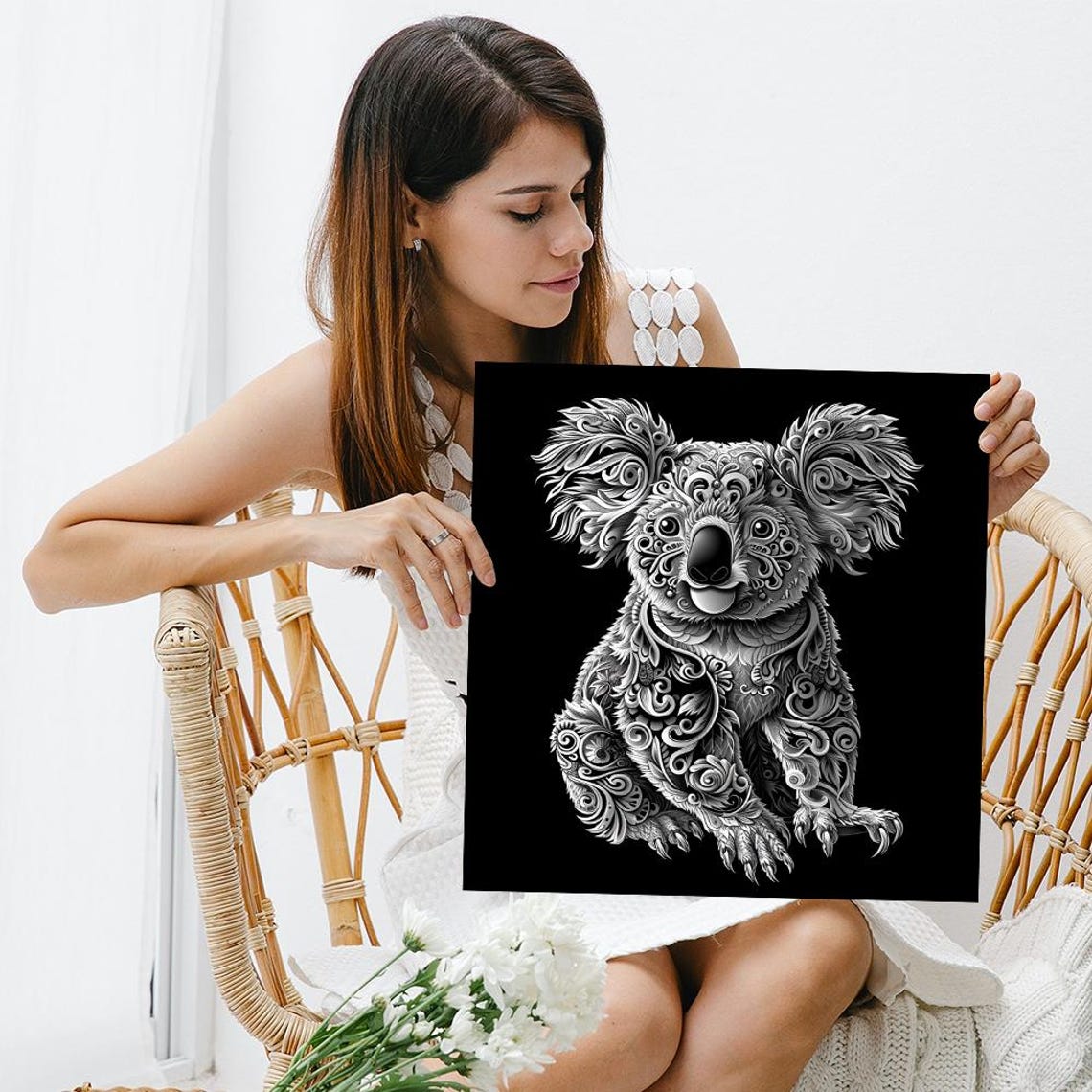 Ornate White Koala Mandala Zentangle Black Background Wall Poster - Image 3