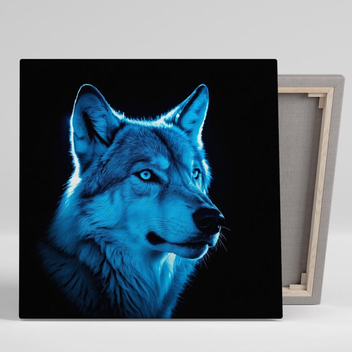 Blue Wolf Portrait Glowing On Black Background Moody Nature Art Print