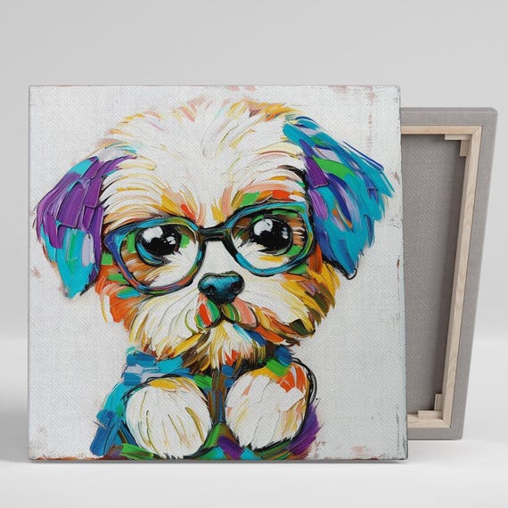 Shih Tzu Wall Art Or Poster Whimsical Animal Decor Childrens Room Living Room Office Wall Art Multicolor Blue Purple Fun Design
