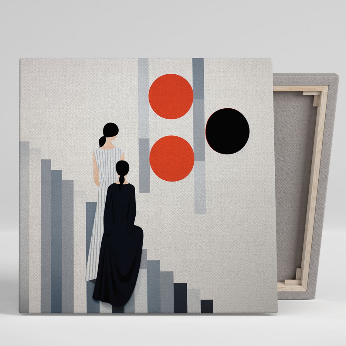 Two Women Viewing Red Suns Minimalist Geometric Abstract Art Poster