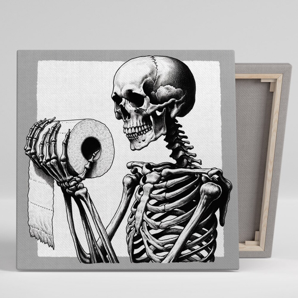 Skeleton Holding A Toilet Paper Roll Detailed Gothic Sketch Funny Bathroom Poster