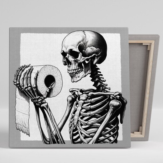 Skeleton Holding A Toilet Paper Roll Detailed Gothic Sketch Funny Bathroom Poster