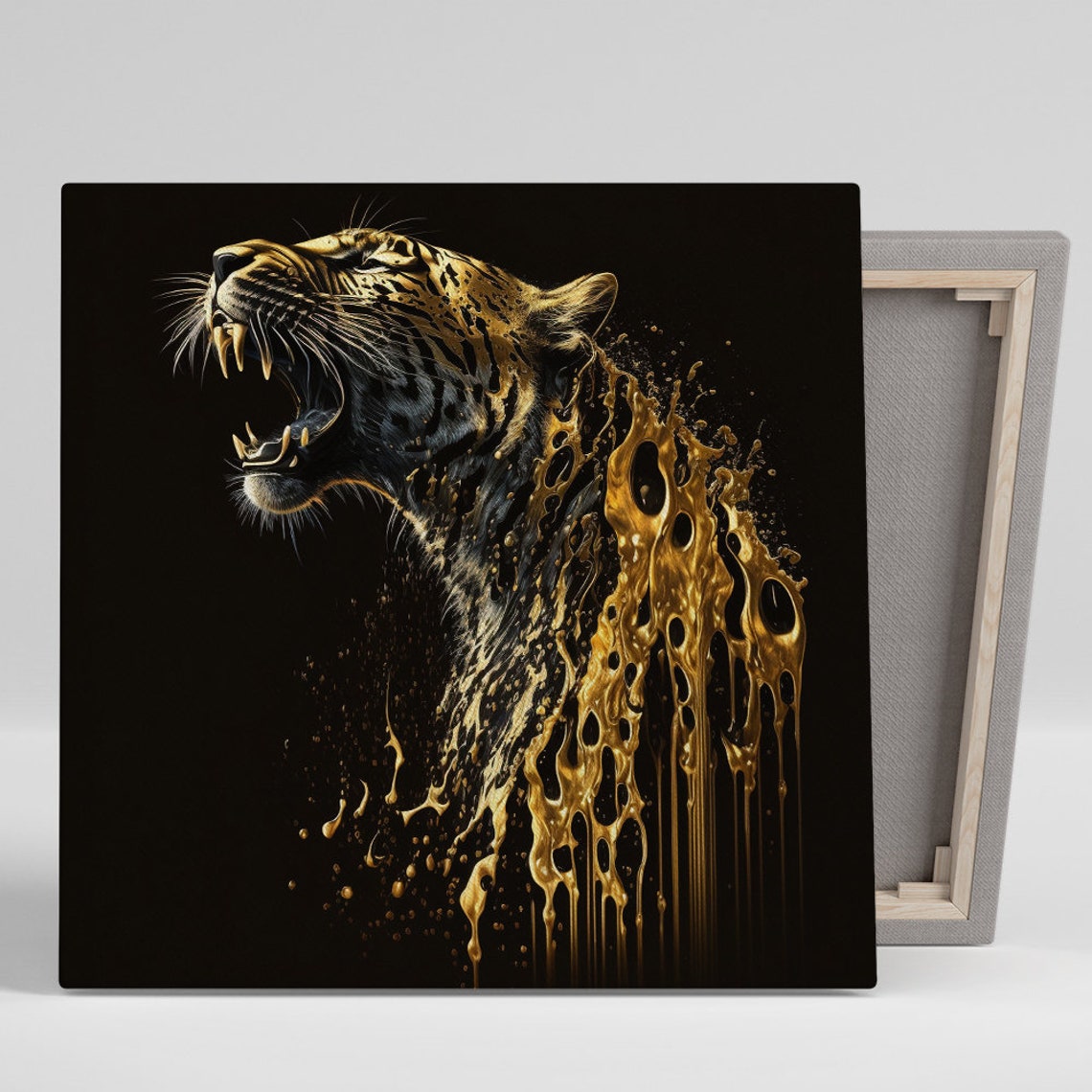 Roaring Tiger Gold Paint Splash Dramatic Black Background Wall Art