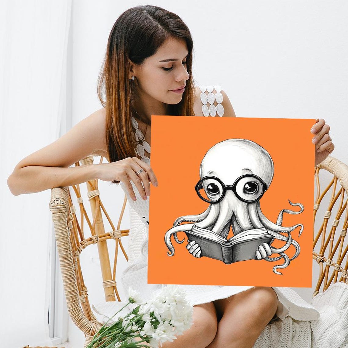 Scholarly Octopus Reading Book Glasses Cute Library Animal Poster - Image 3