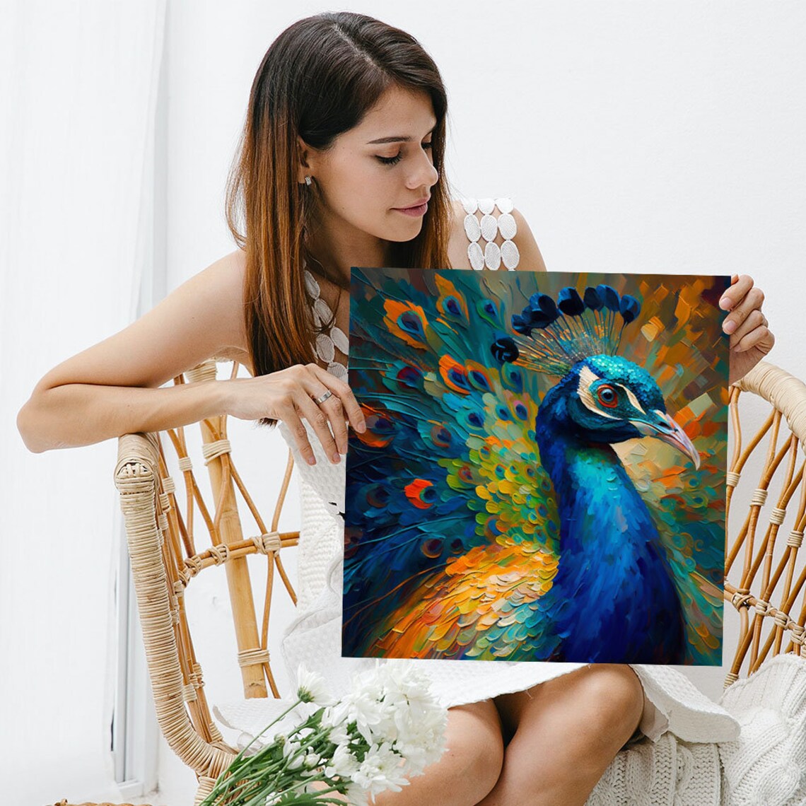 Golden Impasto Peacock Portrait Blue Plumage Warm Textured Art Poster - Image 5