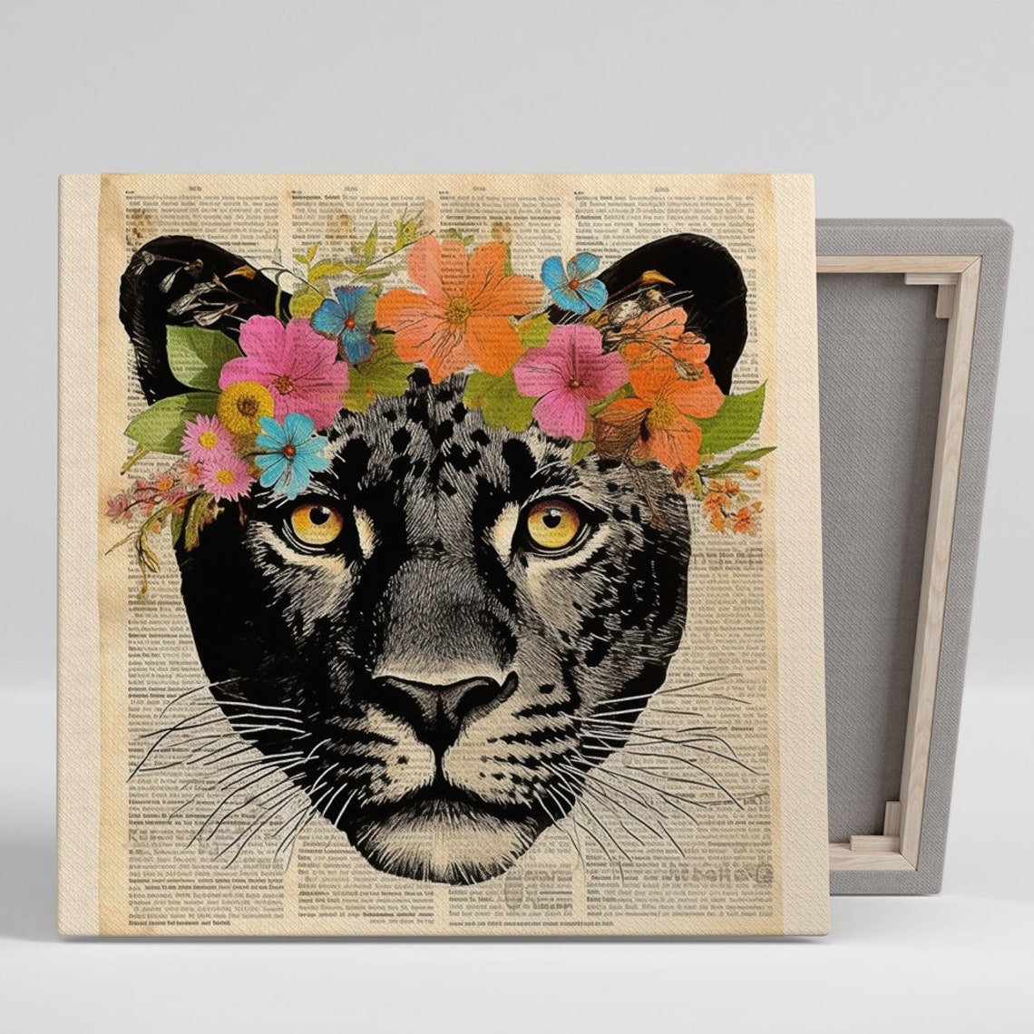 Fierce Black Panther With Floral Crown on Vintage Newspaper Poster