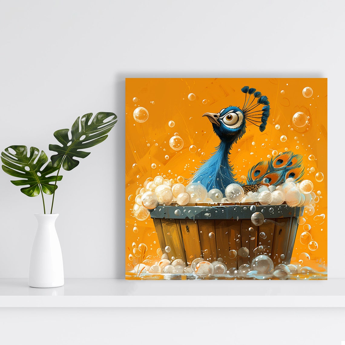 Happy Peacock Bubble Bath Wooden Tub Playful Whimsical Wall Art - Image 2